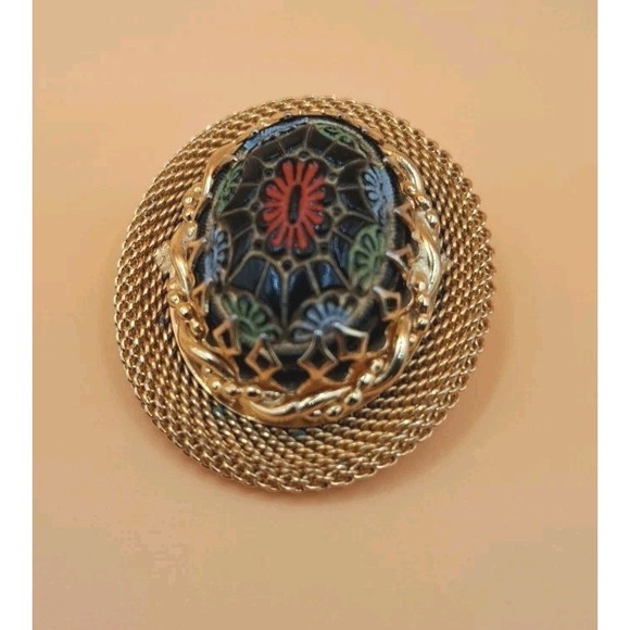 Vintage Unique Dark Cabachon Gold Tone Filigree Moroccan Matrix Brooch Unsigned - Picture 2 of 5